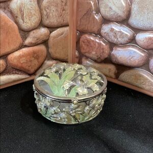 Decorative Lavender Iris Flowers Round  Metal Trinket  Box